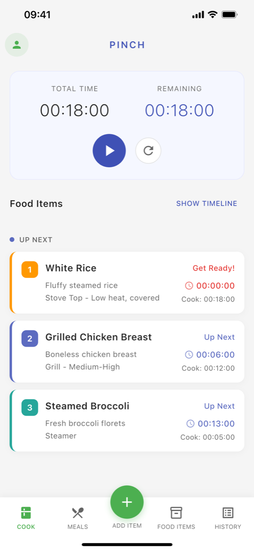Pinch cook screen showing White Rice, Grilled Chicken and Steamed Broccoli scheduled to finish together at 18 minutes