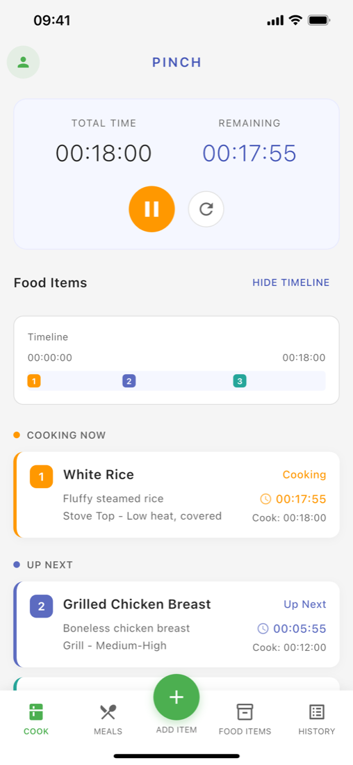 Pinch timeline view with a running cook session