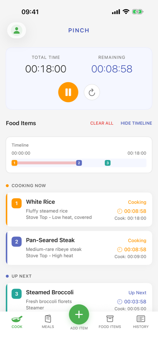 Pinch cook screen: White Rice and Pan-Seared Steak cooking, Steamed Broccoli up next, all timed to finish together