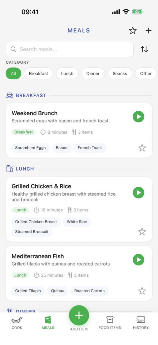 Saved meals list