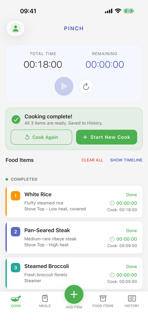 Pinch showing 'Cooking complete — all 3 items are ready'